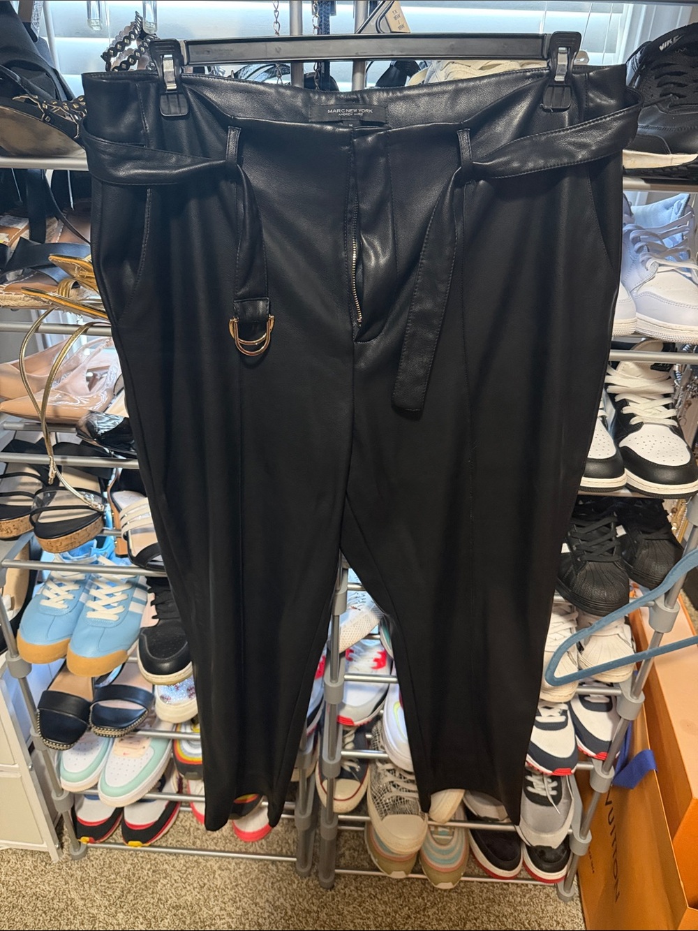 Black Faux Leather Women’s Belted Pants